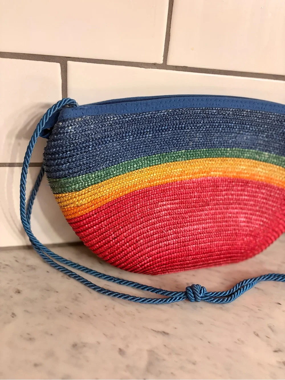 Vintage 80s Liz Claiborne Rainbow Woven Straw Crossbody Shoulder Bag
